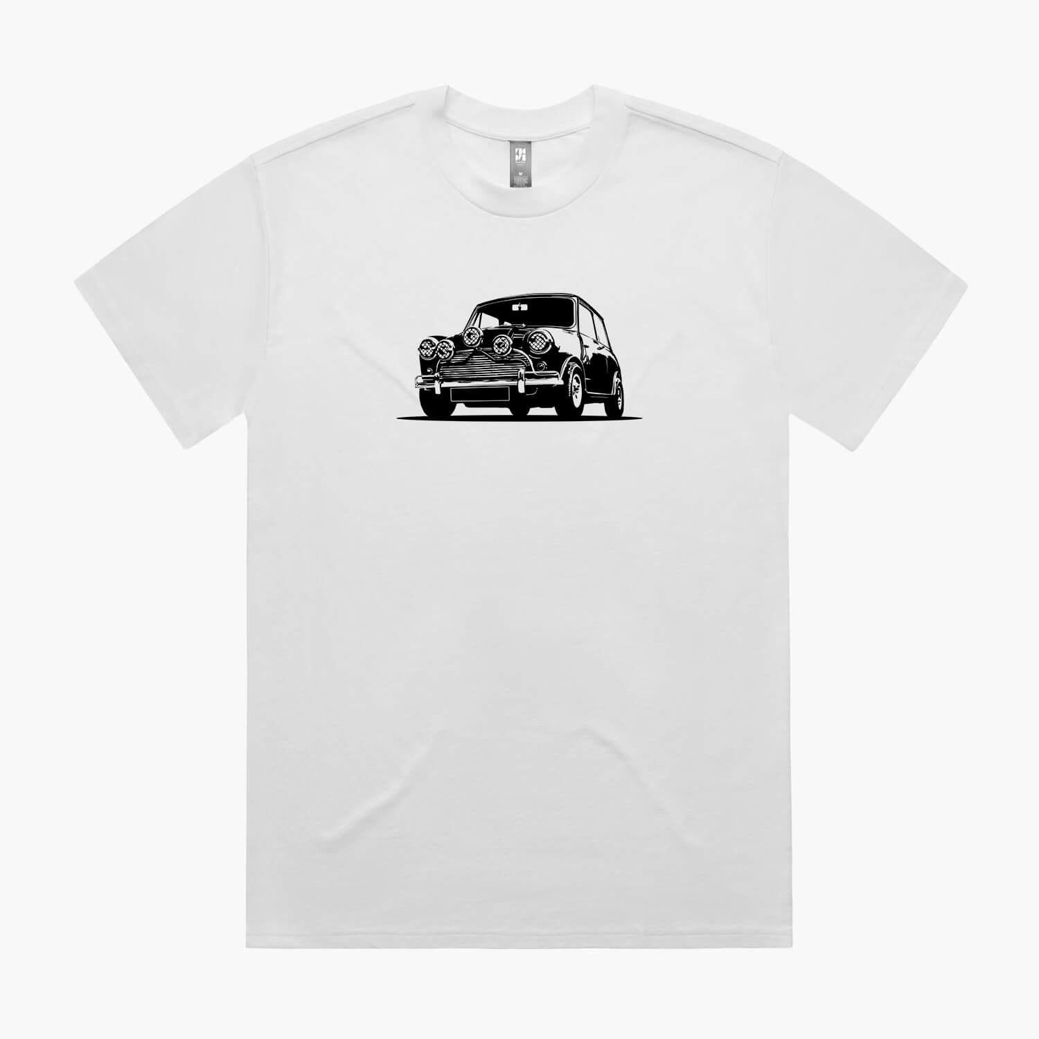 White oversized t-shirt with a black Mini Cooper silhouette print on the chest.