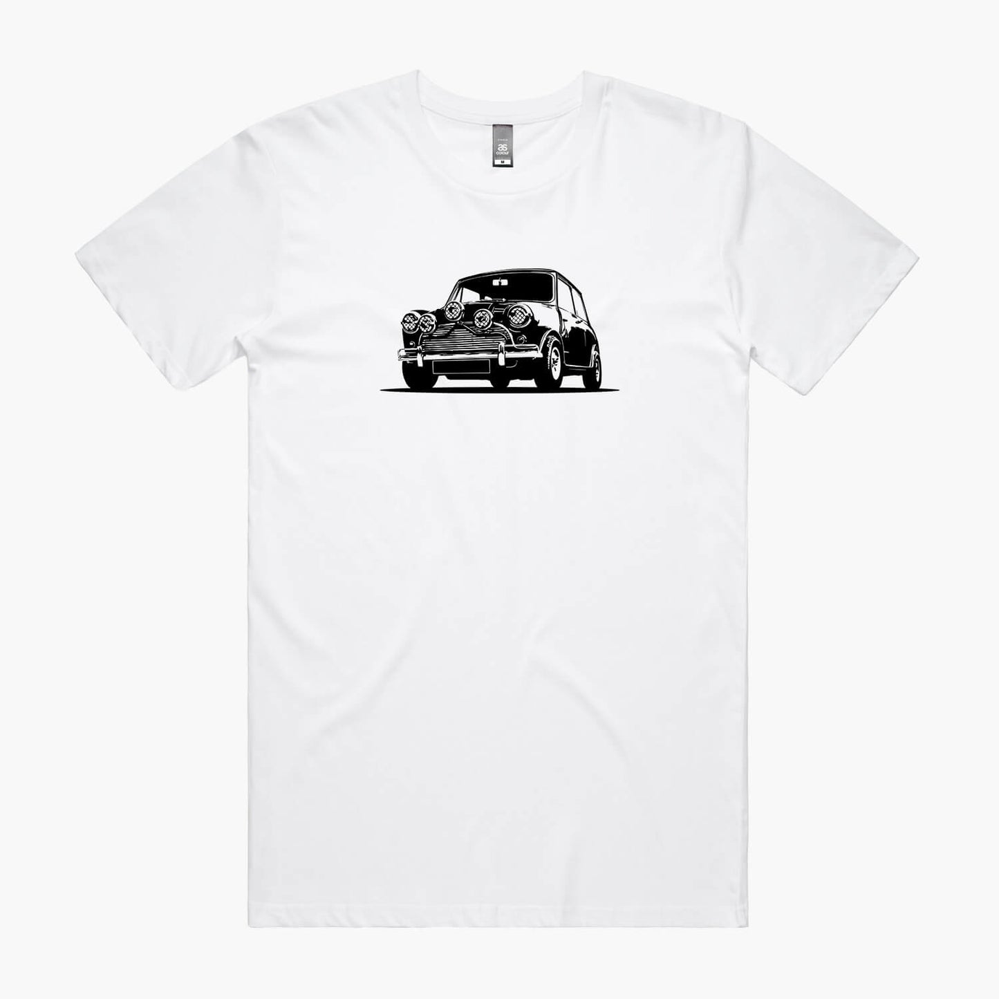 White t-shirt with a black Mini Cooper silhouette print on the chest.