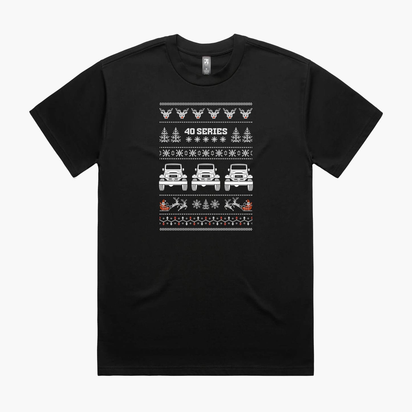 Black oversized Christmas car t-shirt with a Toyota LandCruiser 40 Series in a festive 'ugly sweater' print.