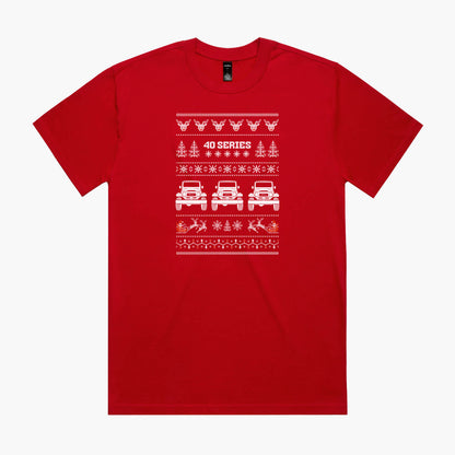 Red oversized Christmas car t-shirt with a Toyota LandCruiser 40 Series in a festive 'ugly sweater' print.