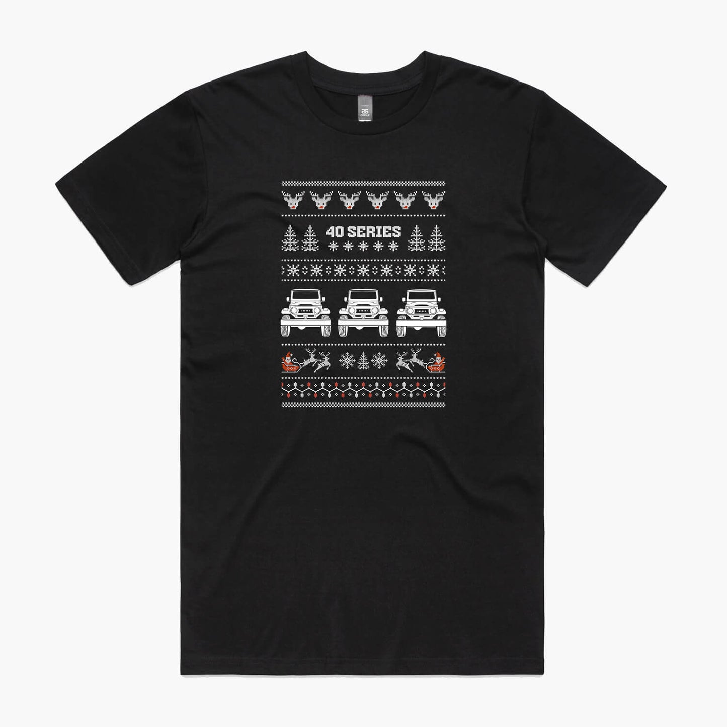 Black Christmas car t-shirt with a Toyota LandCruiser 40 Series in a festive 'ugly sweater' print with reindeer and santa.