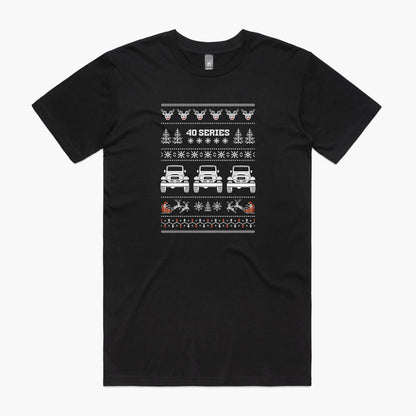 Black Christmas car t-shirt with a Toyota LandCruiser 40 Series in a festive 'ugly sweater' print with reindeer and santa.