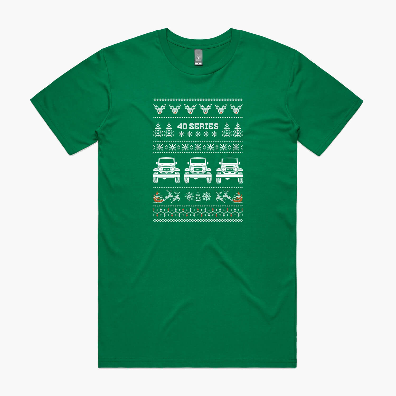 Green Christmas car t-shirt with a Toyota LandCruiser 40 Series in a festive 'ugly sweater' print with reindeer and santa.