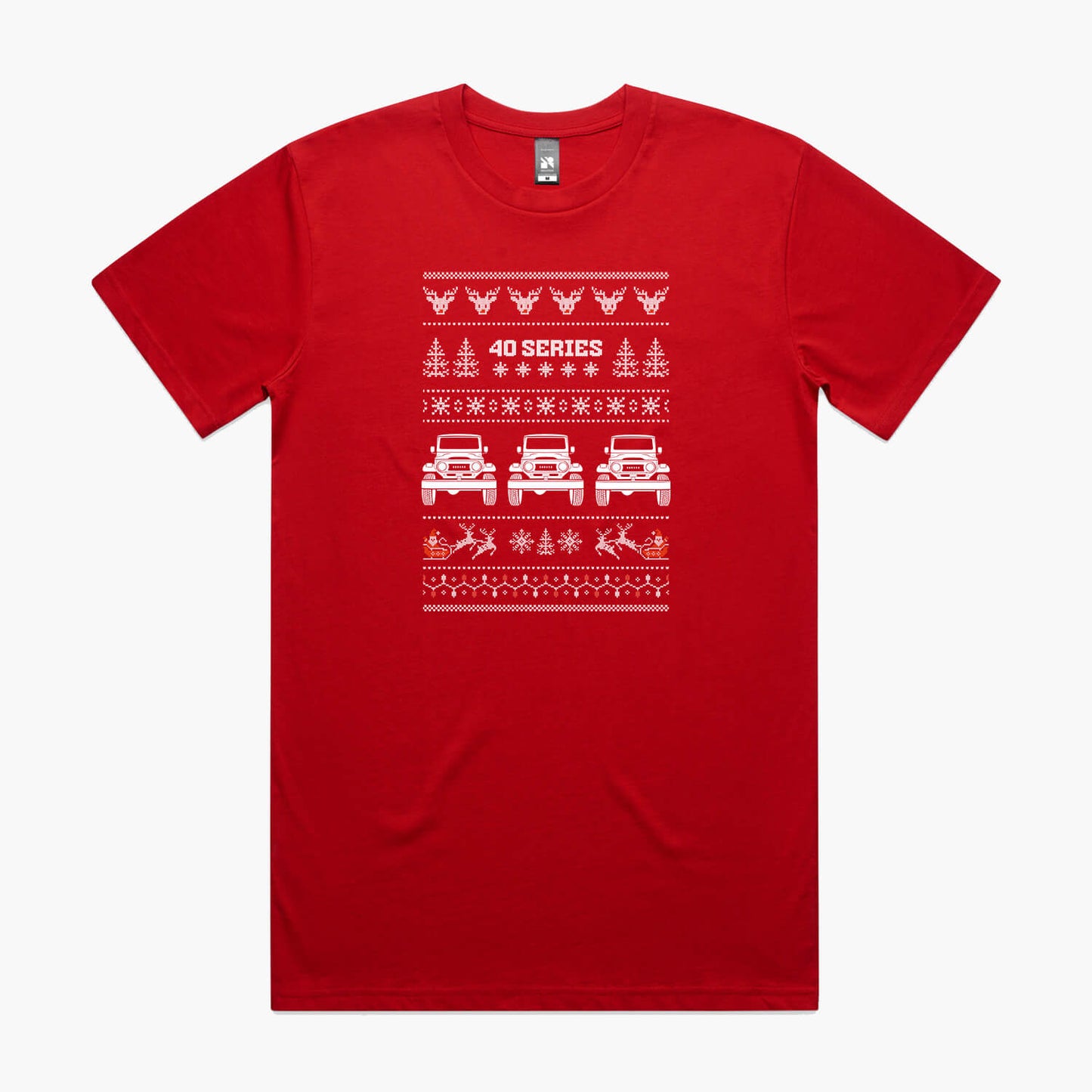 Red Christmas car t-shirt with a Toyota LandCruiser 40 Series in a festive 'ugly sweater' print with reindeer and santa.