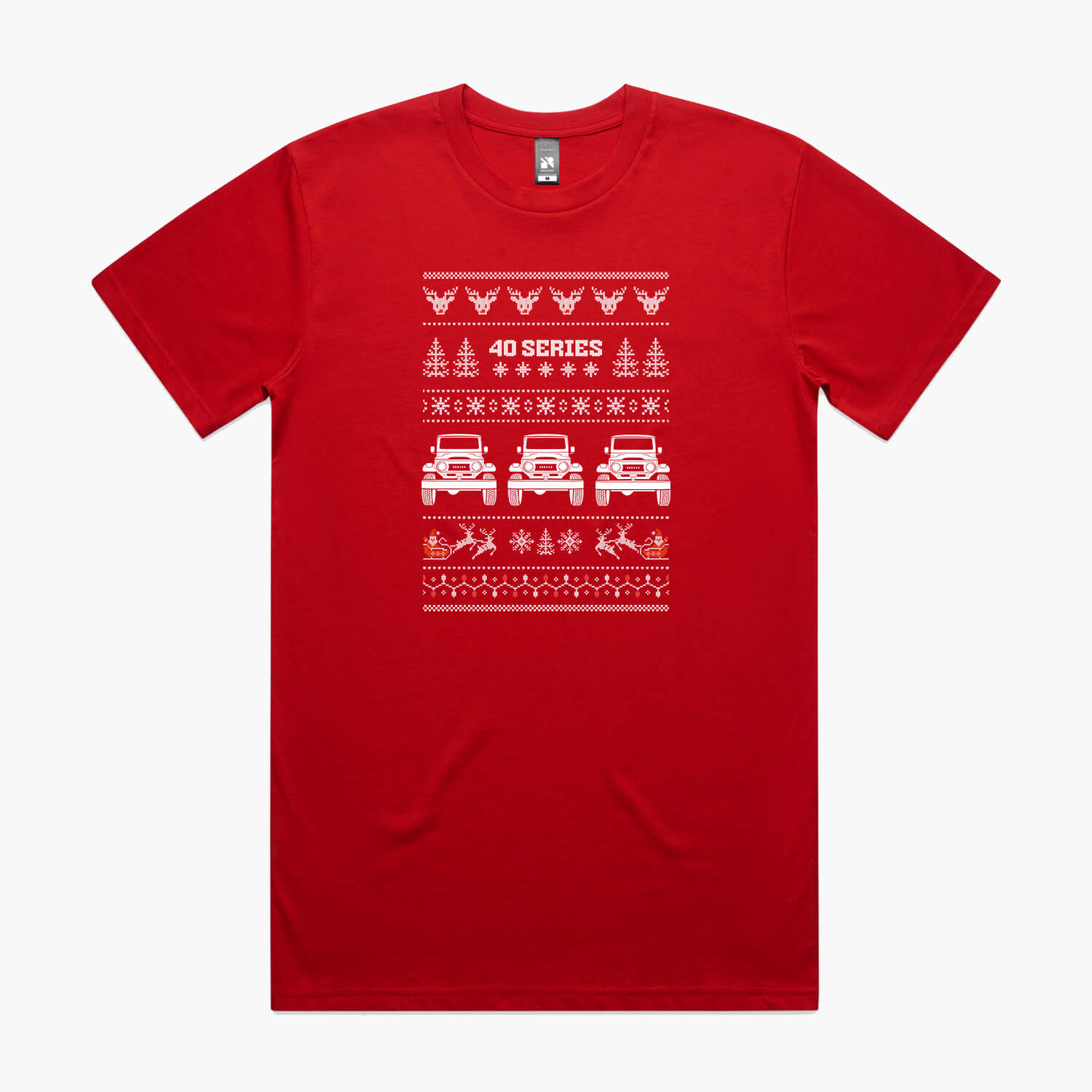 Red Christmas car t-shirt with a Toyota LandCruiser 40 Series in a festive 'ugly sweater' print with reindeer and santa.