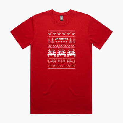 Red Christmas car t-shirt with a Toyota LandCruiser 40 Series in a festive 'ugly sweater' print with reindeer and santa.