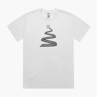 White Christmas oversized t-shirt with tyre tread tree and alloy wheel star print.