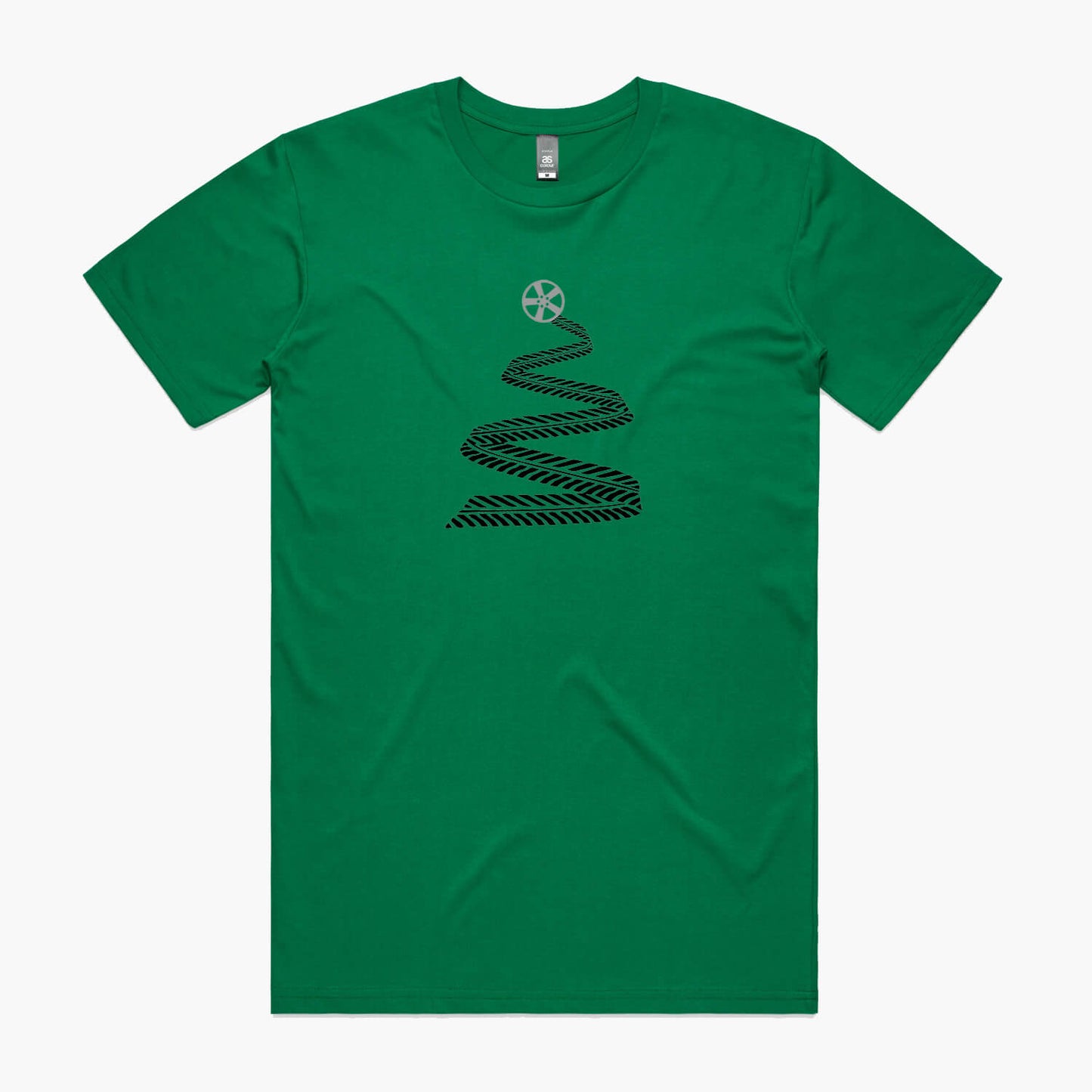 Green Christmas t-shirt with tyre tread tree and alloy wheel star printed on the front.