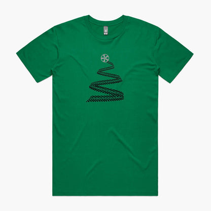 Green Christmas t-shirt with tyre tread tree and alloy wheel star printed on the front.