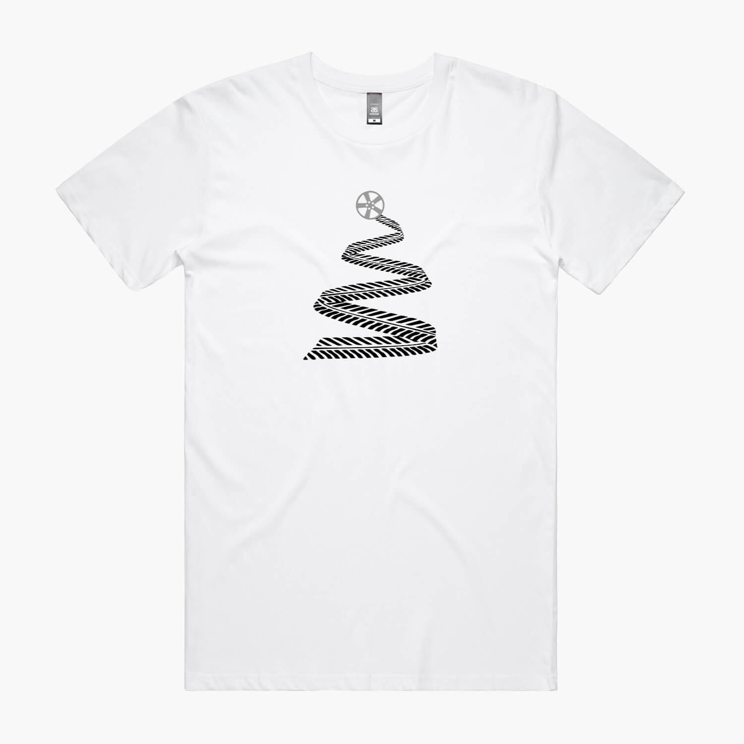 White Christmas t-shirt with tyre tread tree and alloy wheel star printed on the front.