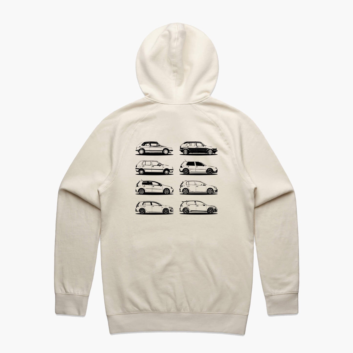 Back view of a cream hoodie featuring black side-view silhouette prints of the VW Golf, from the Mk1 to the Mk8