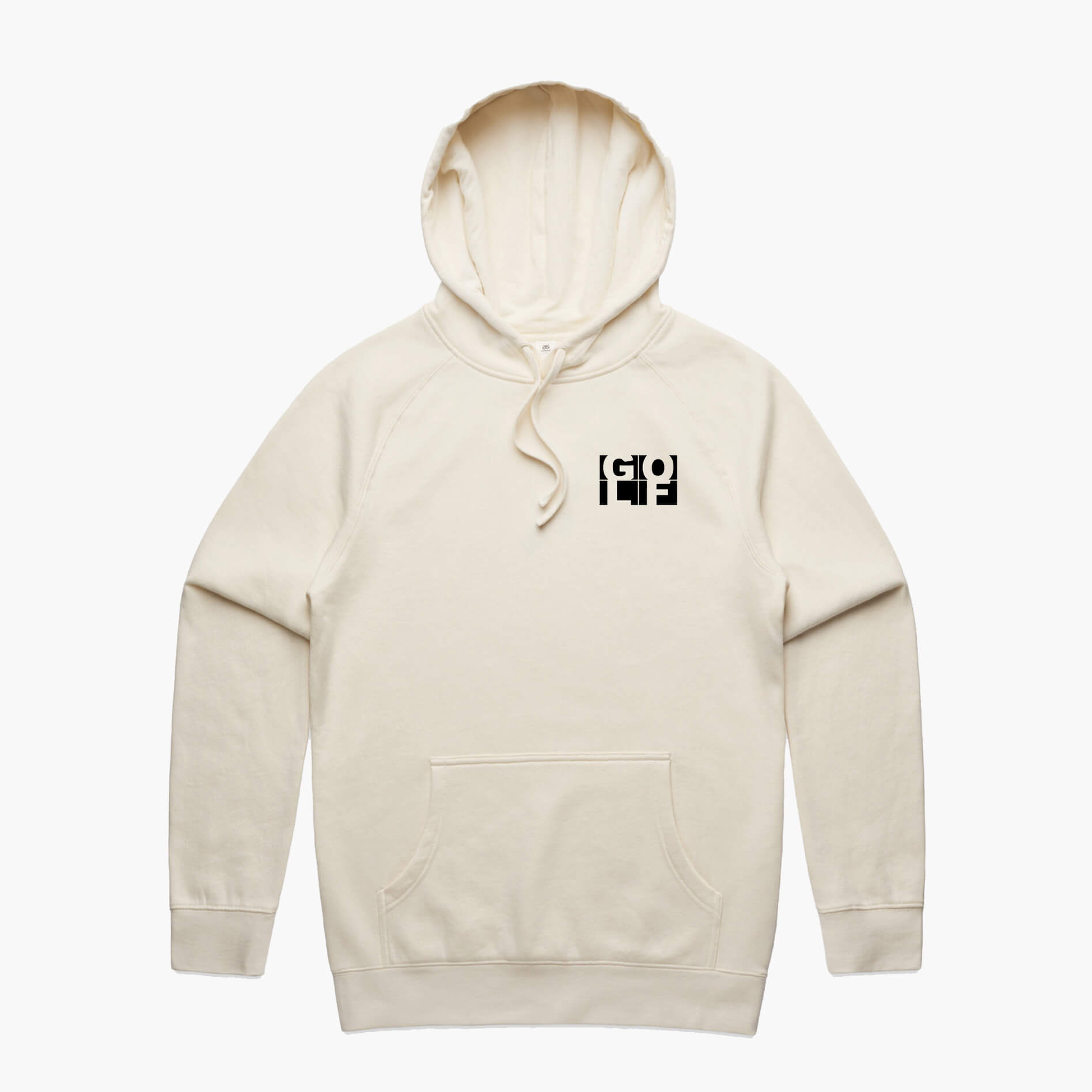 Cream hoodie featuring black pocket logo of the word GOLF