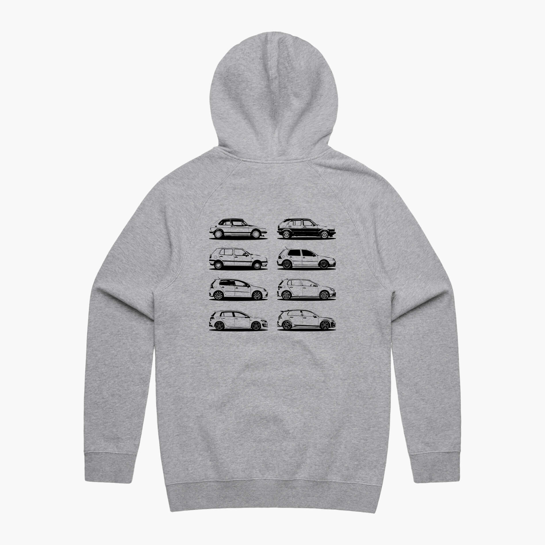 Back view of a grey marle hoodie featuring black side-view silhouette prints of the VW Golf, from the Mk1 to the Mk8