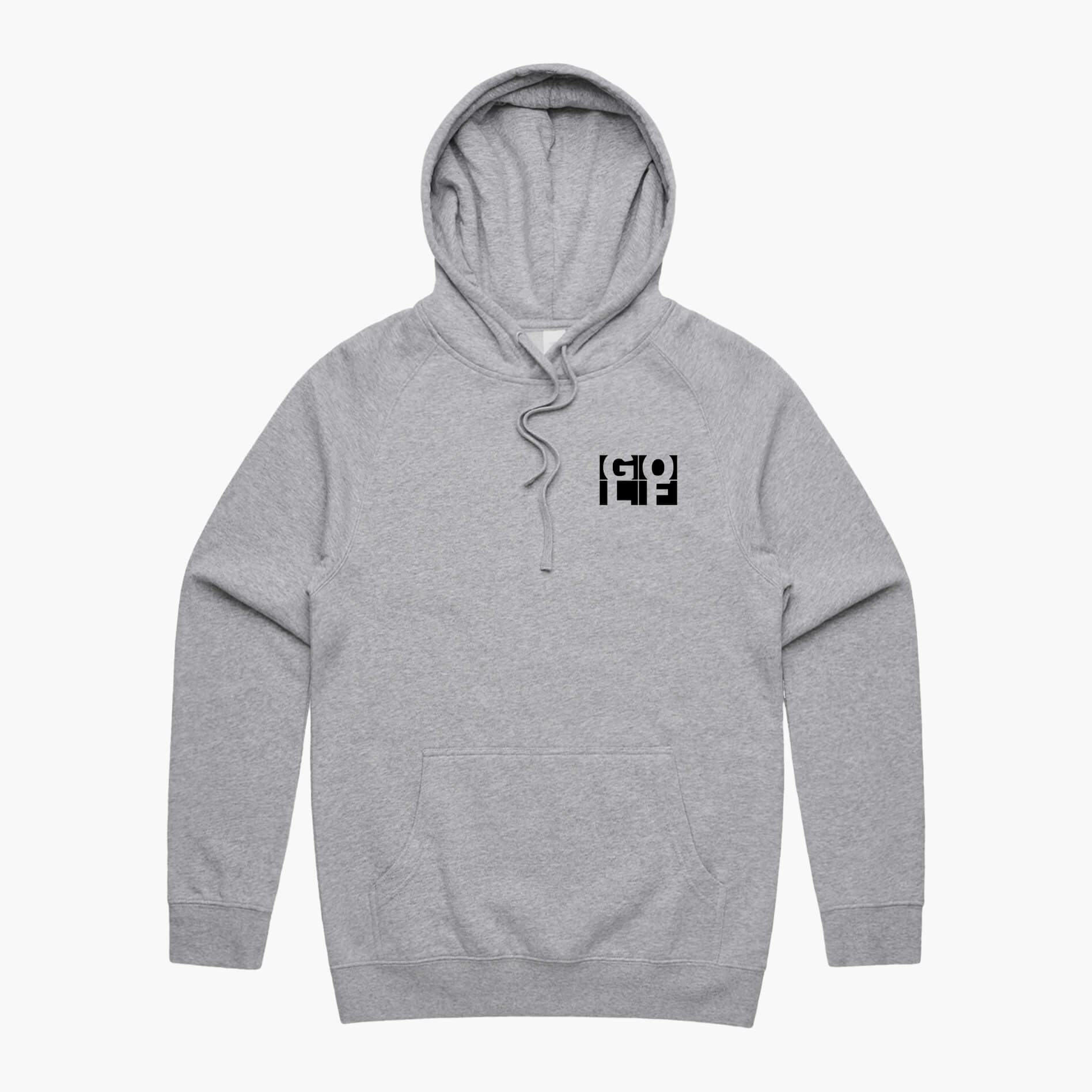 Grey hoodie with a pocket GOLF logo. It has a hood with drawstrings and pocket.