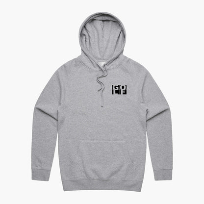 Grey hoodie with a pocket GOLF logo. It has a hood with drawstrings and pocket.