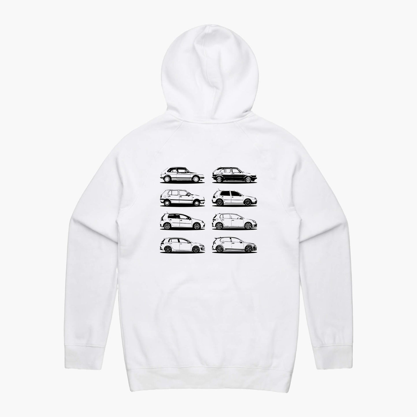 Back view of a white hoodie featuring black side-view silhouette prints of the VW Golf, from the Mk1 to the Mk8