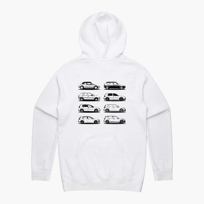 Back view of a white hoodie featuring black side-view silhouette prints of the VW Golf, from the Mk1 to the Mk8