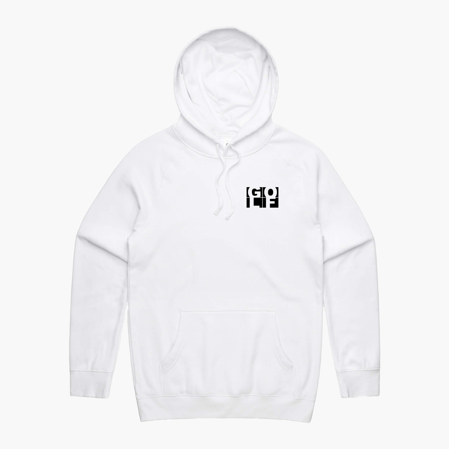 White hoodie with a pocket size GOLF printed logo in black