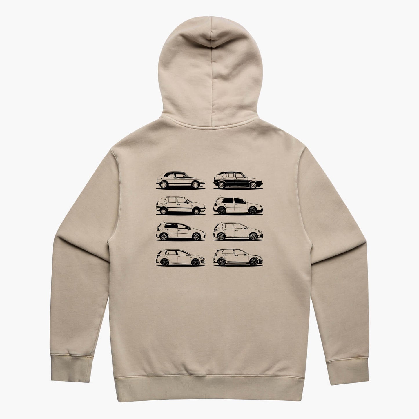 Back view of a beige oversized hoodie featuring black side-view silhouette prints of the VW Golf, from the Mk1 to the Mk8