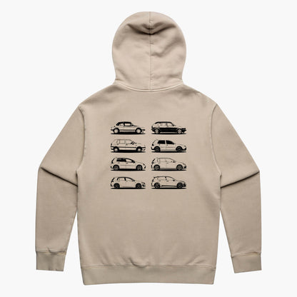 Back view of a beige oversized hoodie featuring black side-view silhouette prints of the VW Golf, from the Mk1 to the Mk8