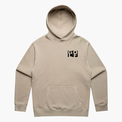 Beige oversized hoodie with a black pocket logo print of the word GOLF