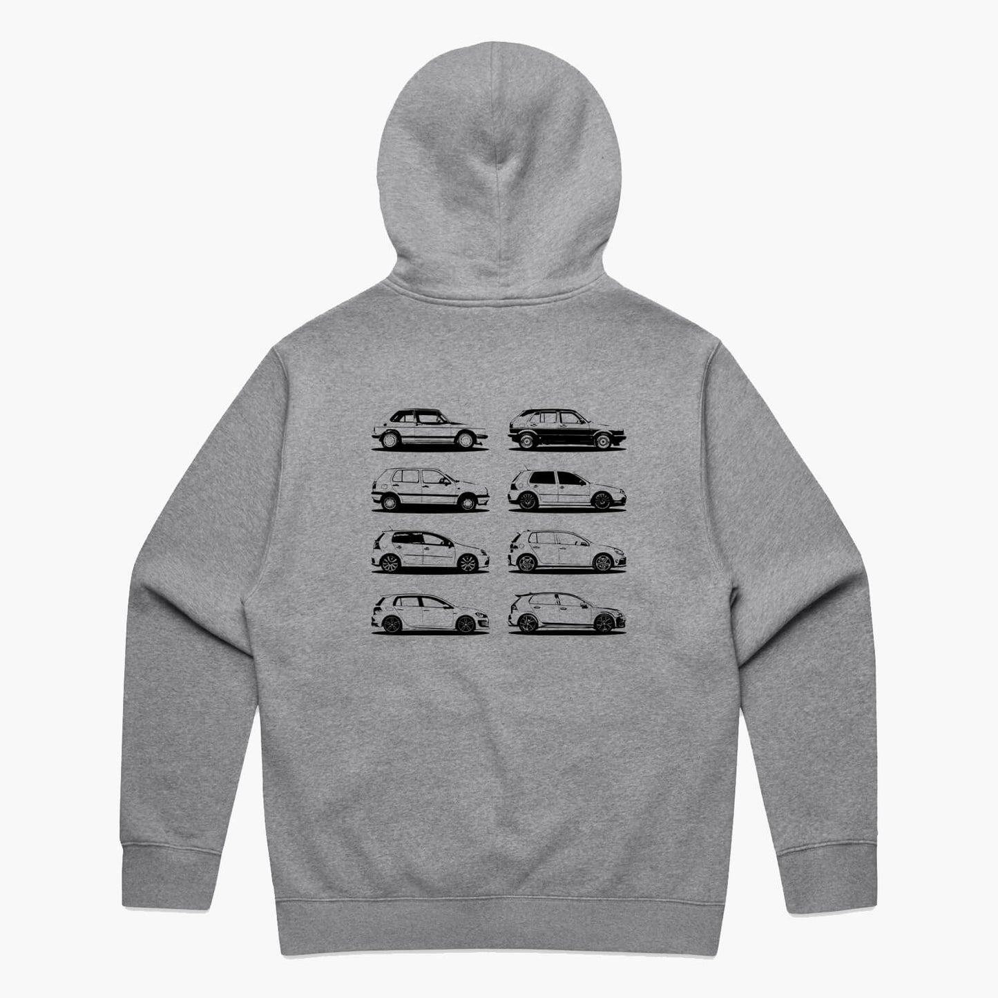 Back view of a grey marle oversized hoodie featuring black side-view silhouette prints of the VW Golf, from the Mk1 to the Mk8