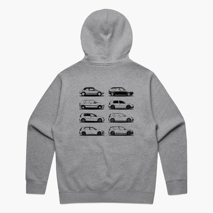 Back view of a grey marle oversized hoodie featuring black side-view silhouette prints of the VW Golf, from the Mk1 to the Mk8