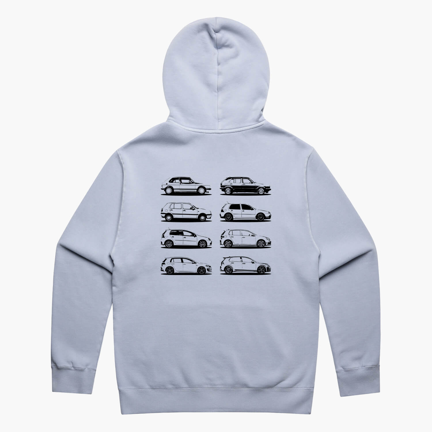 Back view of a powder blue oversized hoodie featuring black side-view silhouette prints of the VW Golf, from the Mk1 to the Mk8