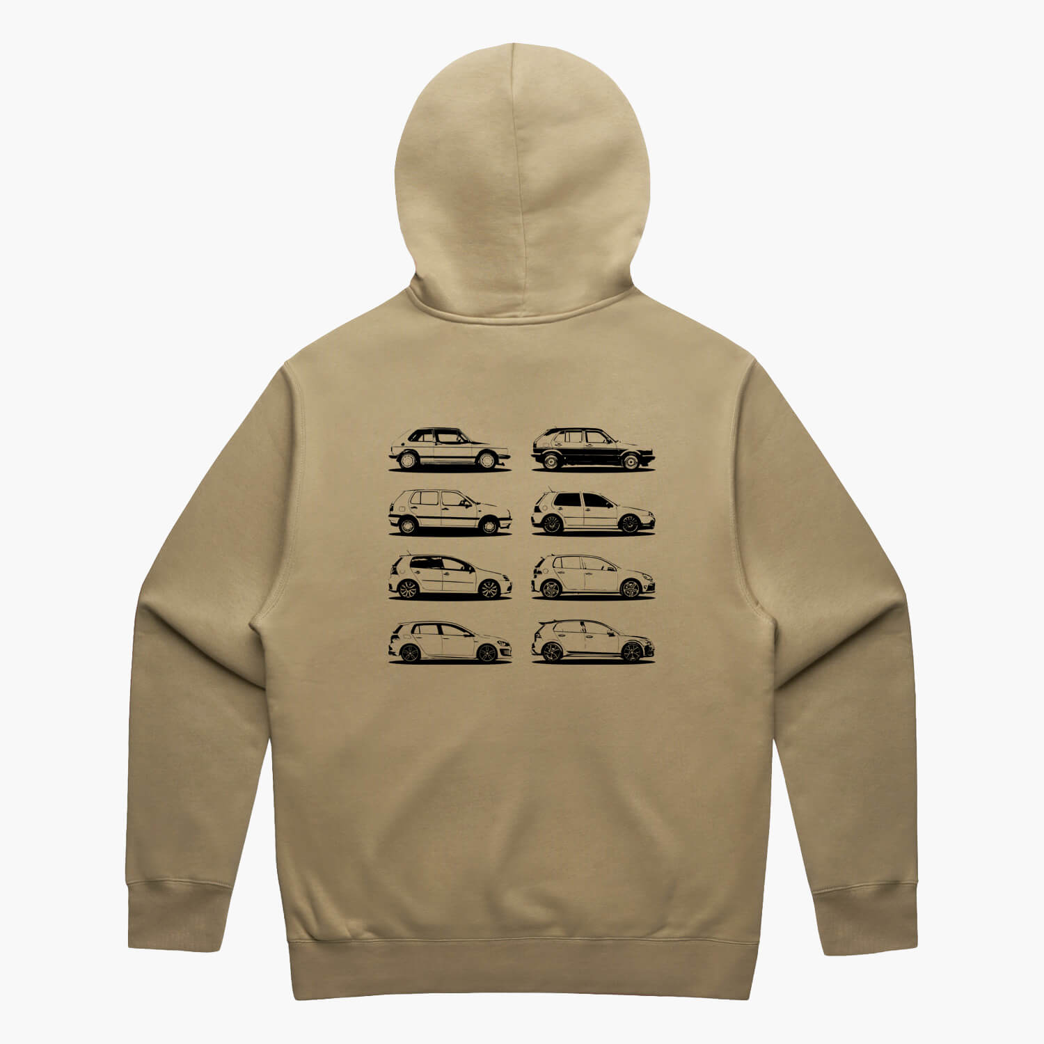 Back view of a sand oversized hoodie featuring black side-view silhouette prints of the VW Golf, from the Mk1 to the Mk8