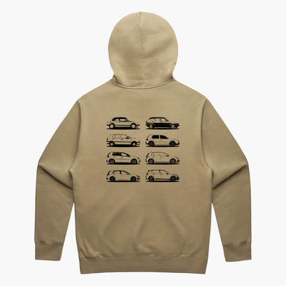 Back view of a sand oversized hoodie featuring black side-view silhouette prints of the VW Golf, from the Mk1 to the Mk8