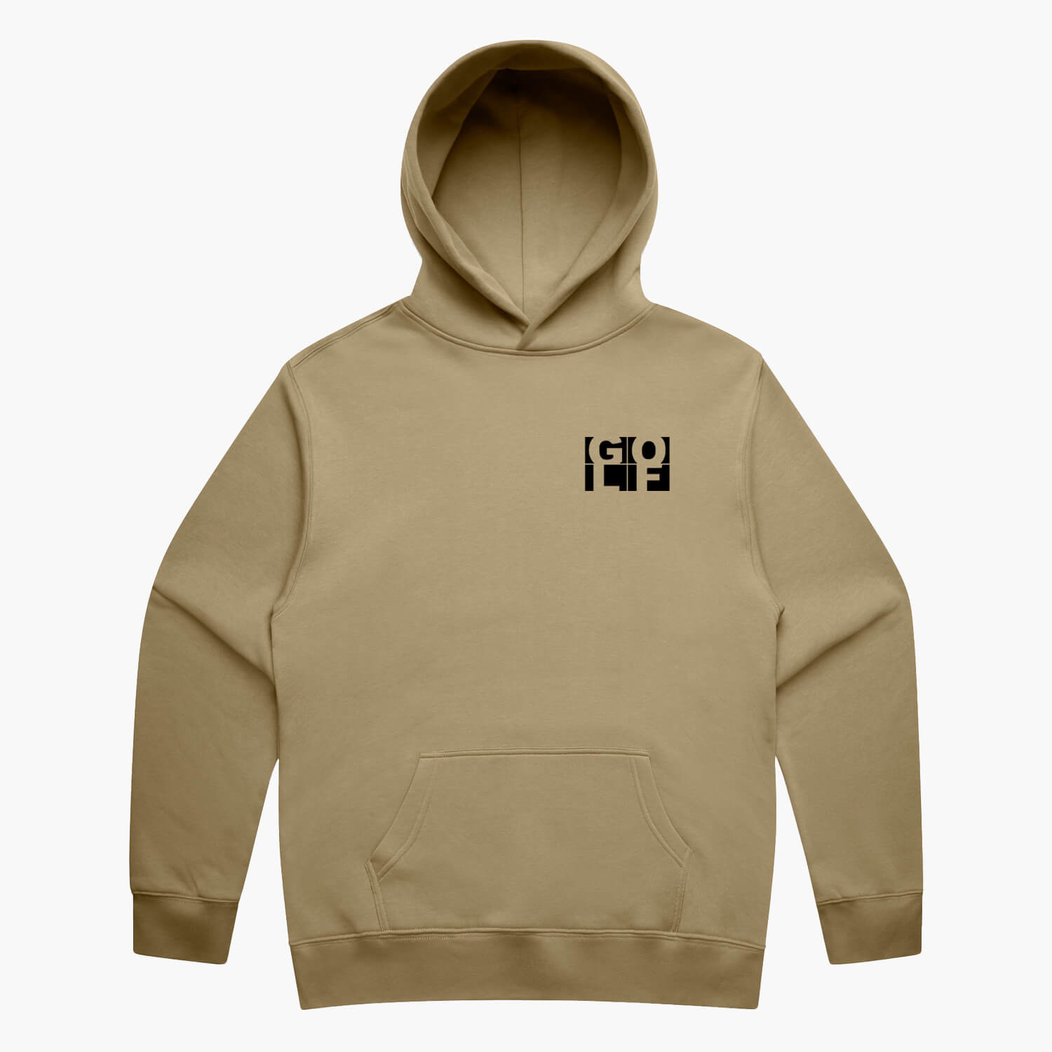 Sand oversized hoodie front view with a black GOLF pocket logo