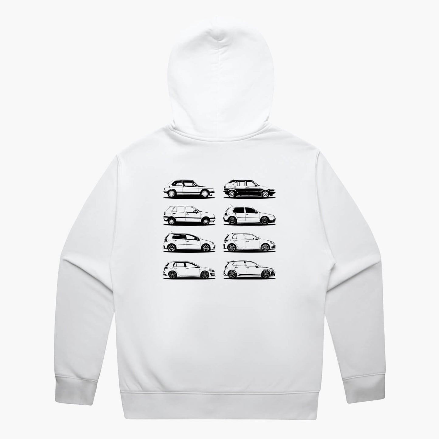 Back view of a white oversized hoodie featuring black side-view silhouette prints of the VW Golf, from the Mk1 to the Mk8