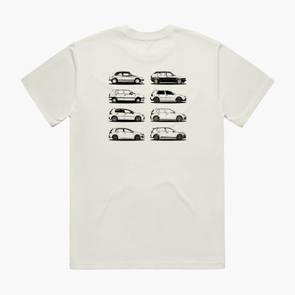 Back view of a cream oversized t-shirt featuring black side-view silhouette prints of the VW Golf, from the Mk1 to the Mk8