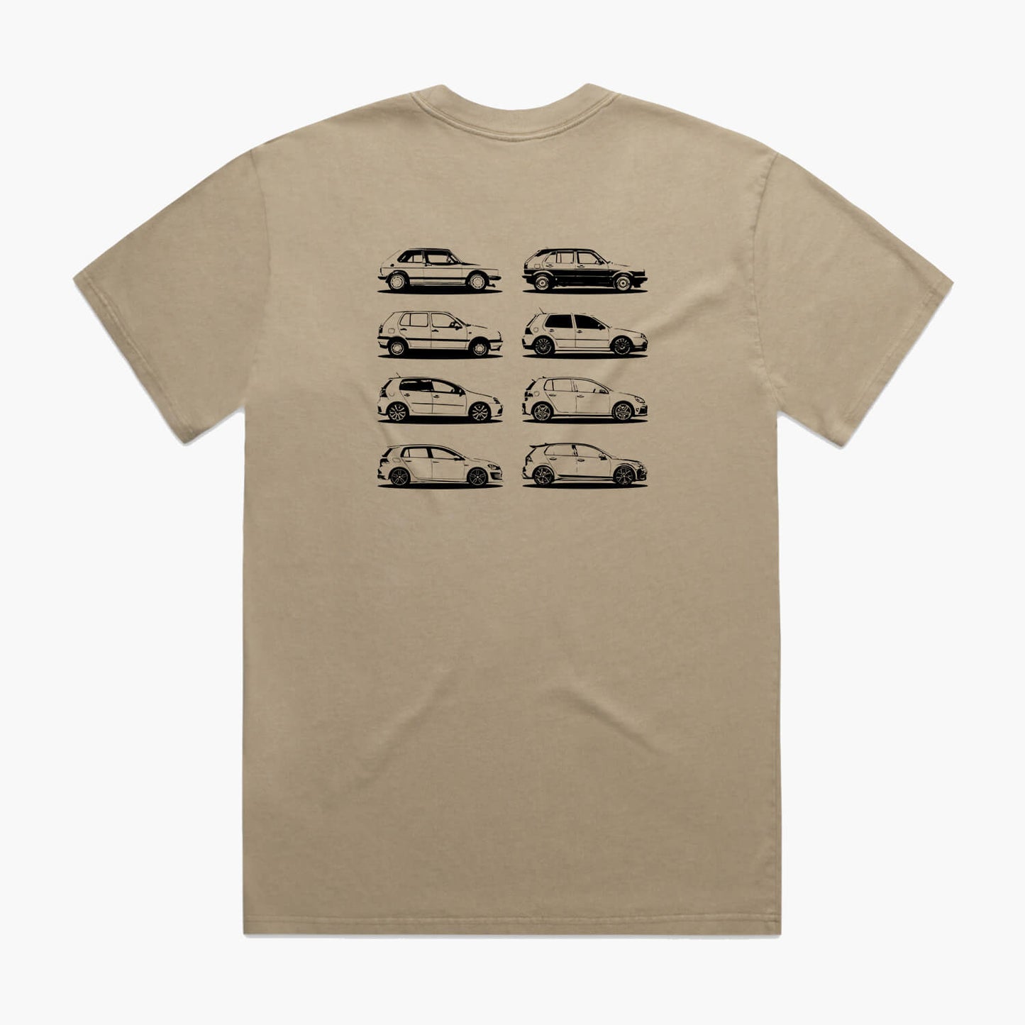 Back view of a khaki oversized t-shirt featuring black side-view silhouette prints of the VW Golf, from the Mk1 to the Mk8