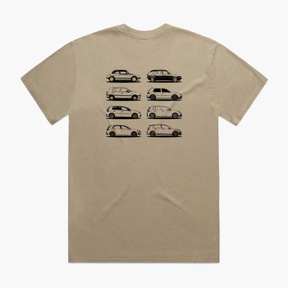 Back view of a khaki oversized t-shirt featuring black side-view silhouette prints of the VW Golf, from the Mk1 to the Mk8