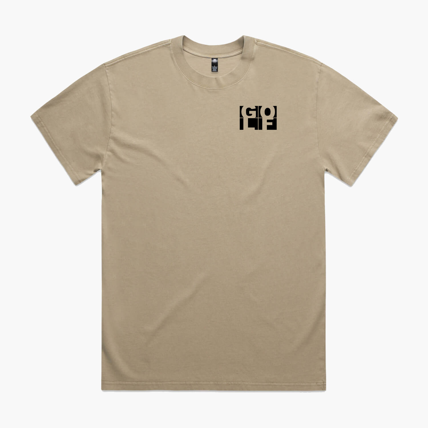 Khaki oversized t-shirt with a small pocket logo in black of the word GOLF in block letters