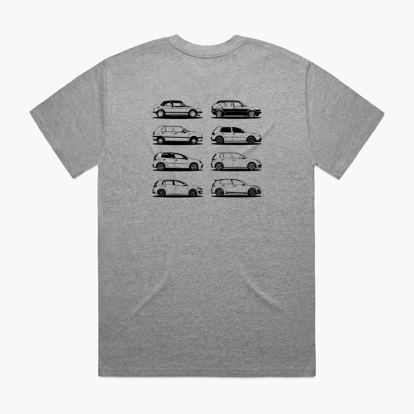 Back view of a grey marle oversized t-shirt featuring black side-view silhouette prints of the VW Golf, from the Mk1 to the Mk8