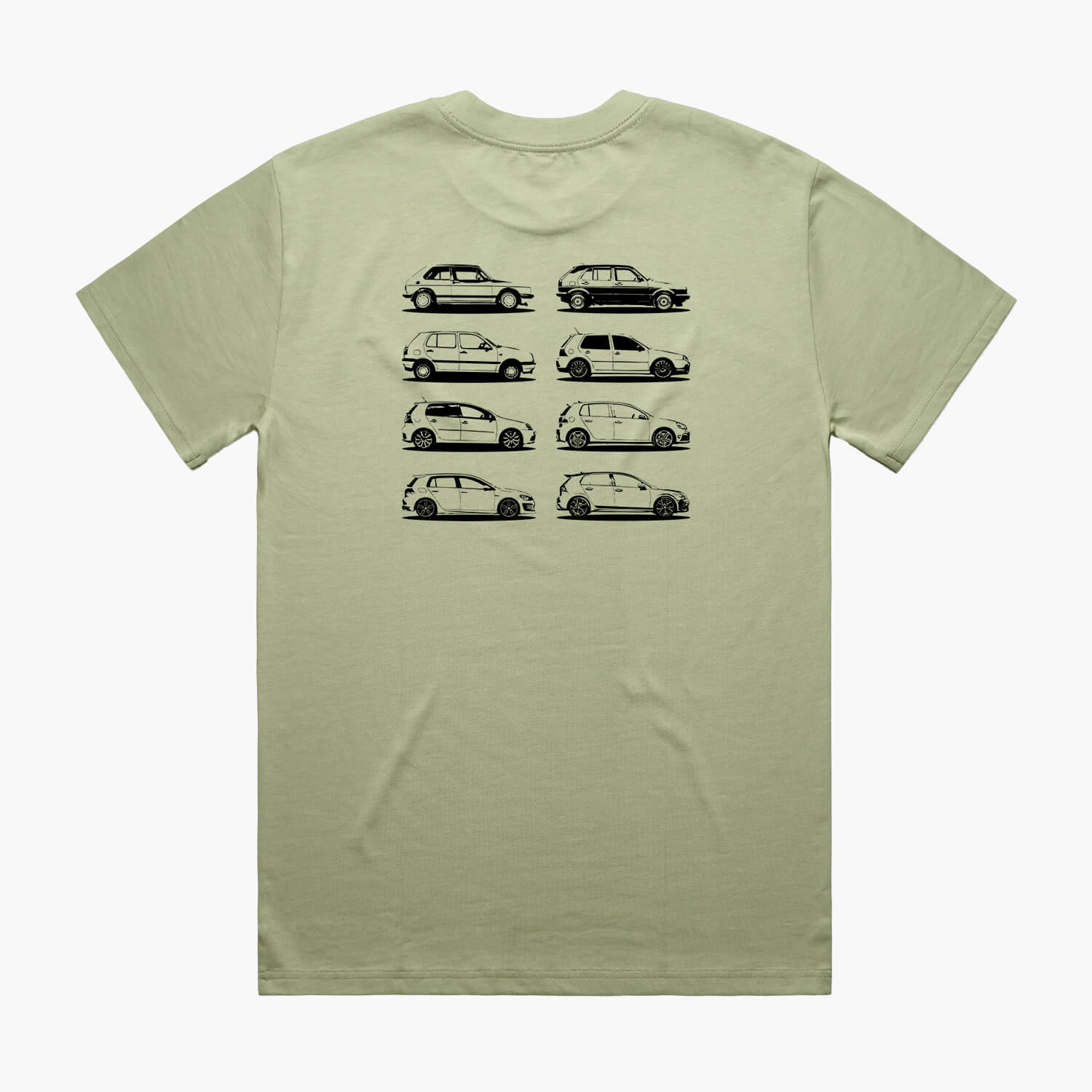 Back view of a green oversized t-shirt featuring black side-view silhouette prints of the VW Golf, from the Mk1 to the Mk8