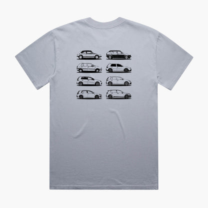 Back view of a blue oversized t-shirt featuring black side-view silhouette prints of the VW Golf, from the Mk1 to the Mk8