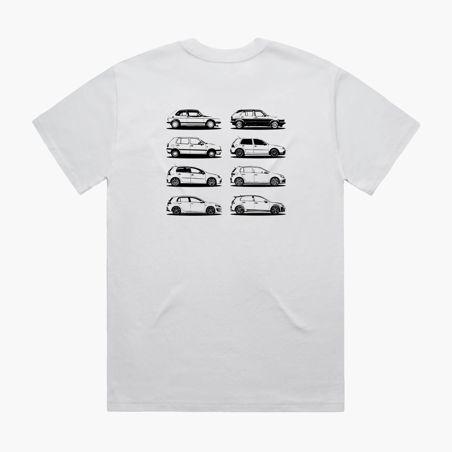 Back view of a white oversized t-shirt featuring black side-view silhouette prints of the VW Golf, from the Mk1 to the Mk8