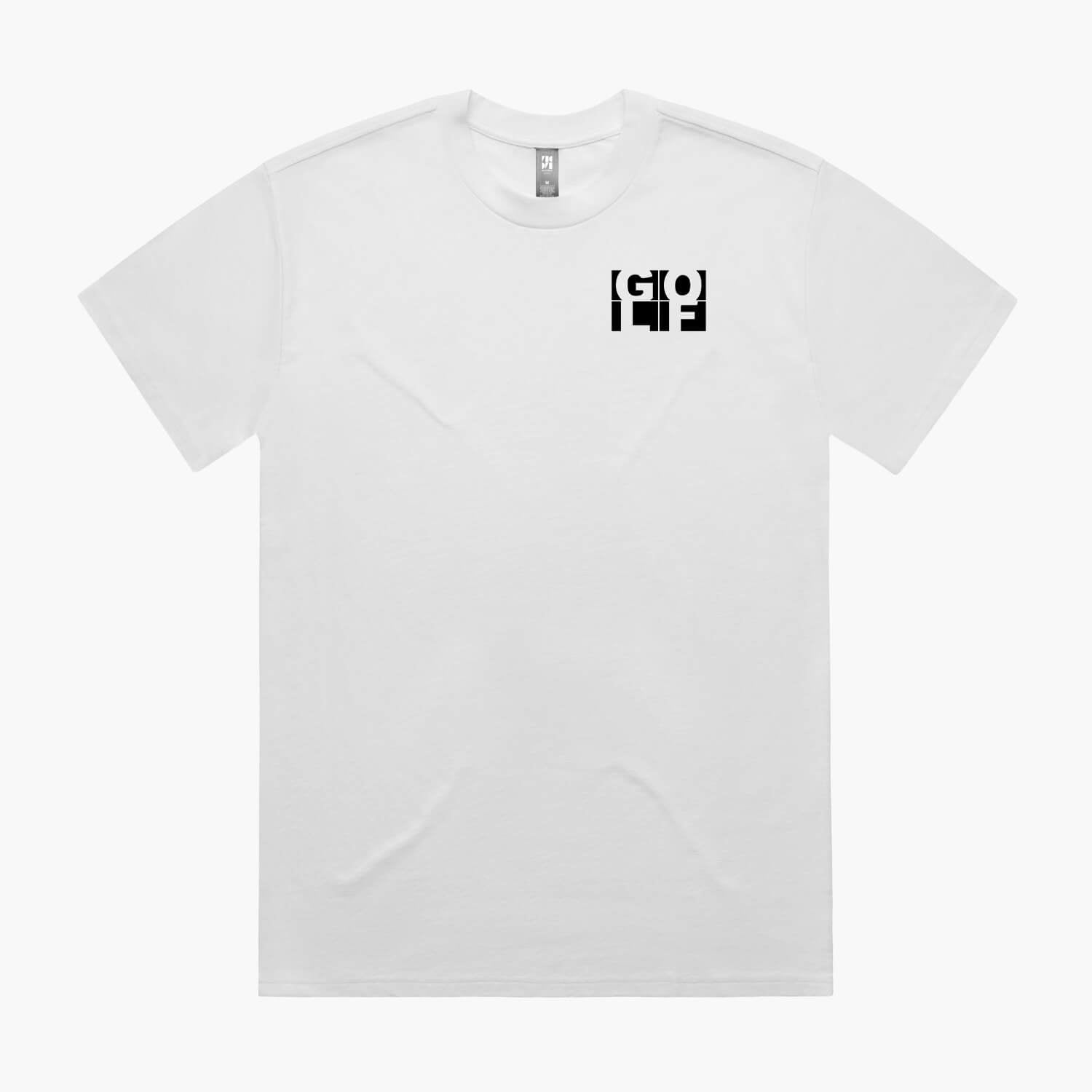 White oversized t-shirt with a black GOLF pocket logo print