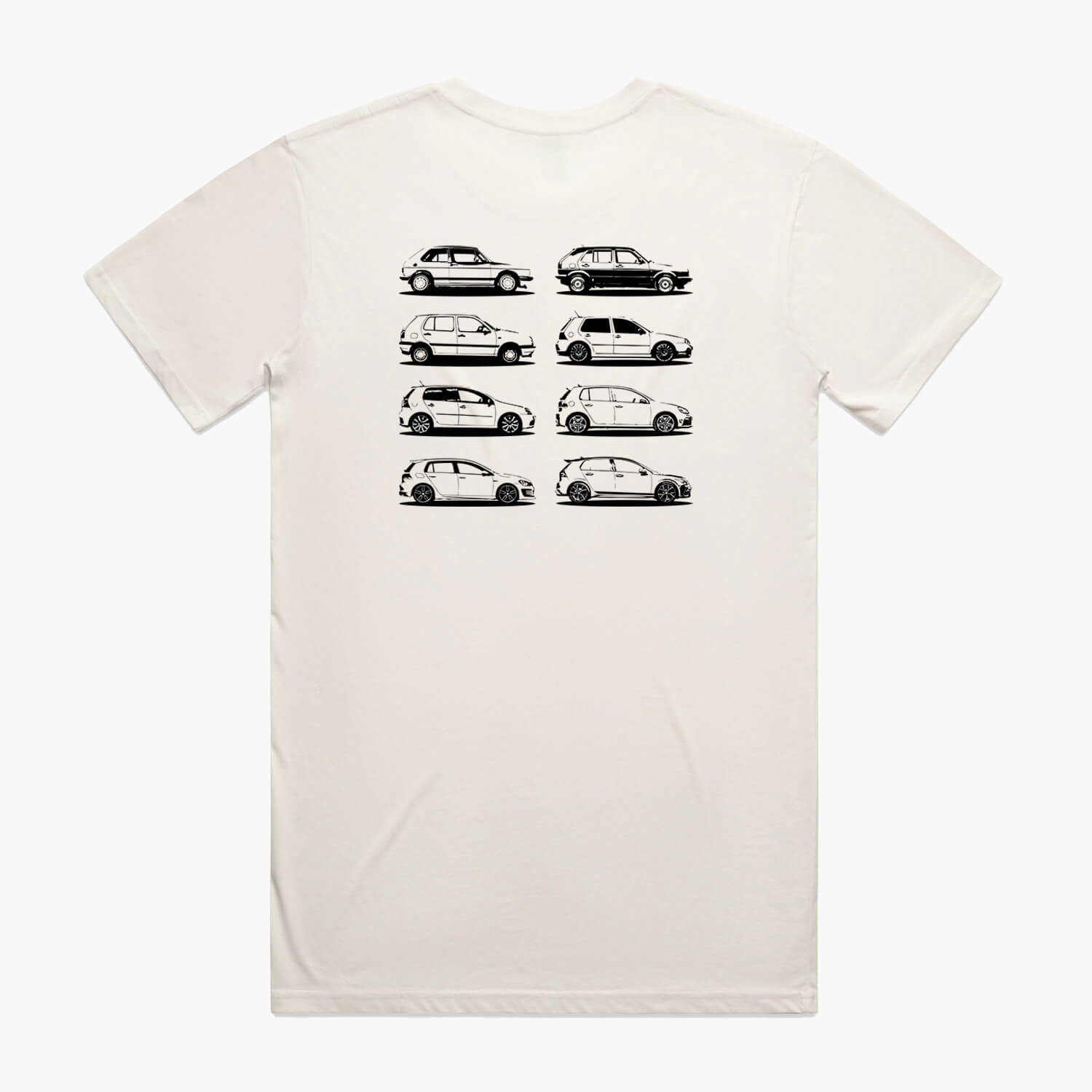 Back view of a cream t-shirt featuring black side-view silhouette prints of the VW Golf, from the Mk1 to the Mk8