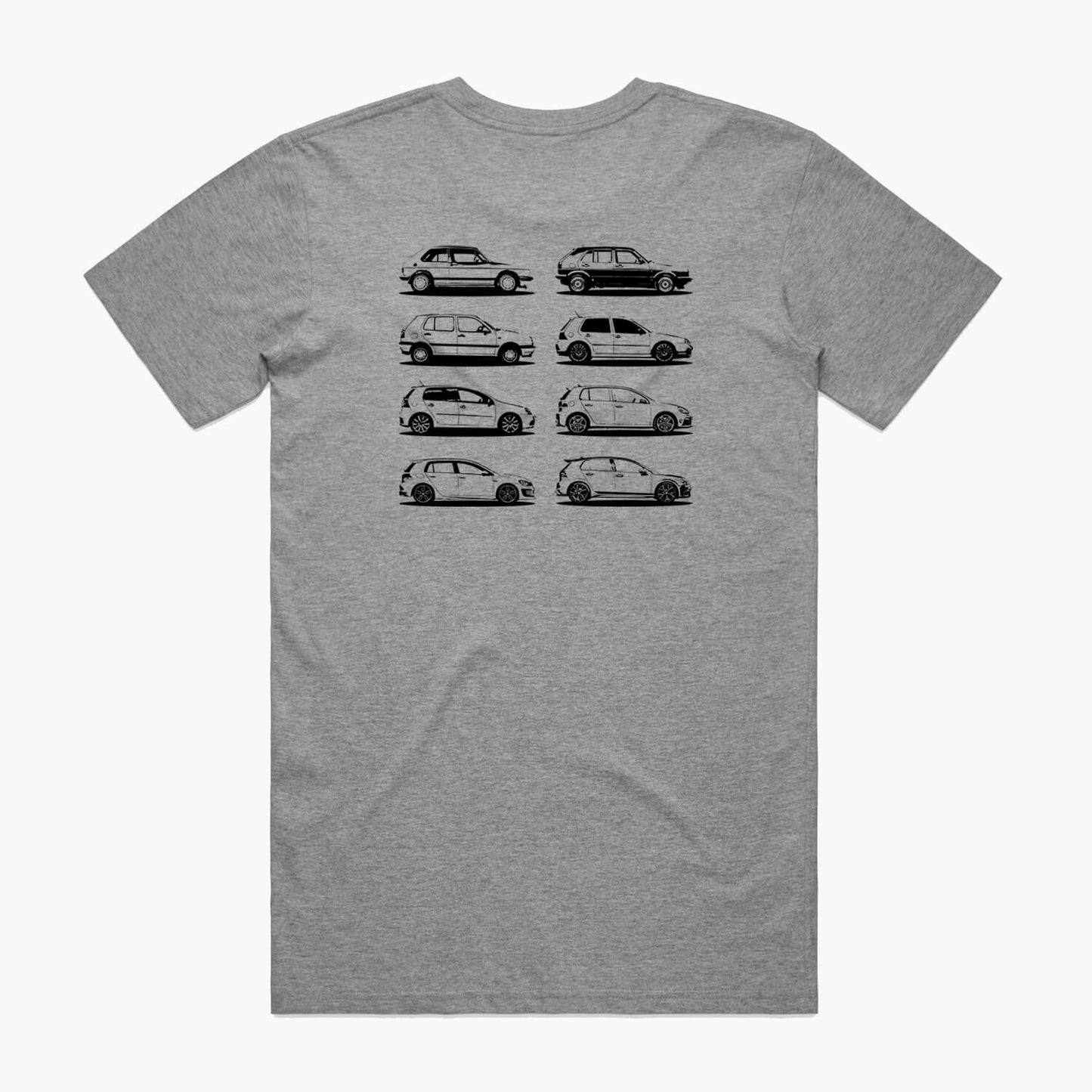 Back view of a grey t-shirt featuring black side-view silhouette prints of the VW Golf, from the Mk1 to the Mk8