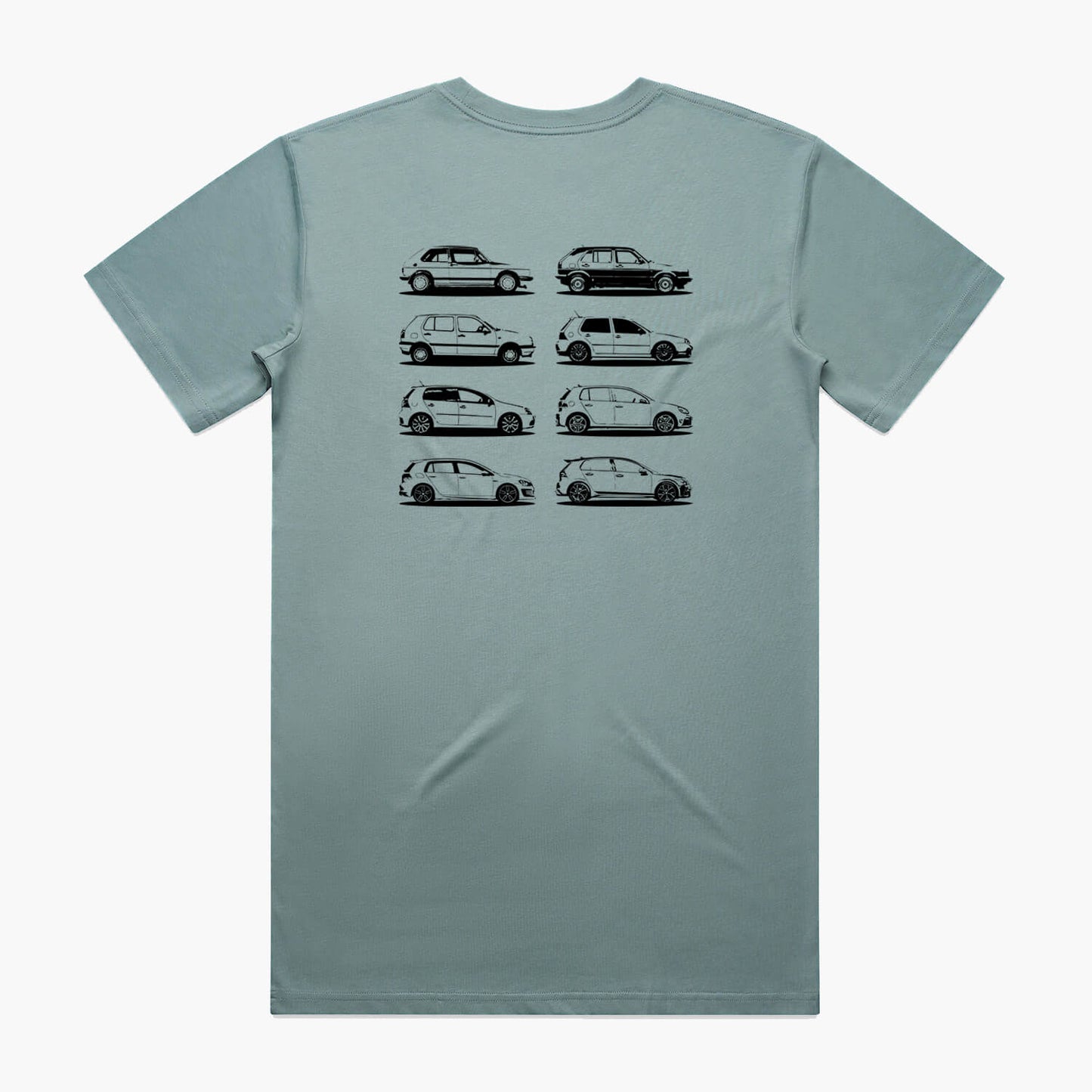 Back view of a mineral blue t-shirt featuring black side-view silhouette prints of the VW Golf, from the Mk1 to the Mk8