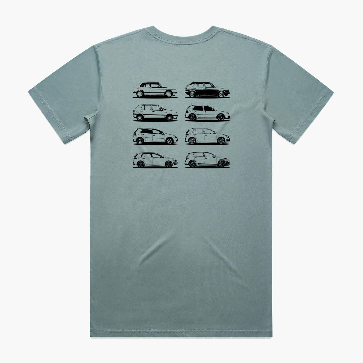 Back view of a mineral blue t-shirt featuring black side-view silhouette prints of the VW Golf, from the Mk1 to the Mk8