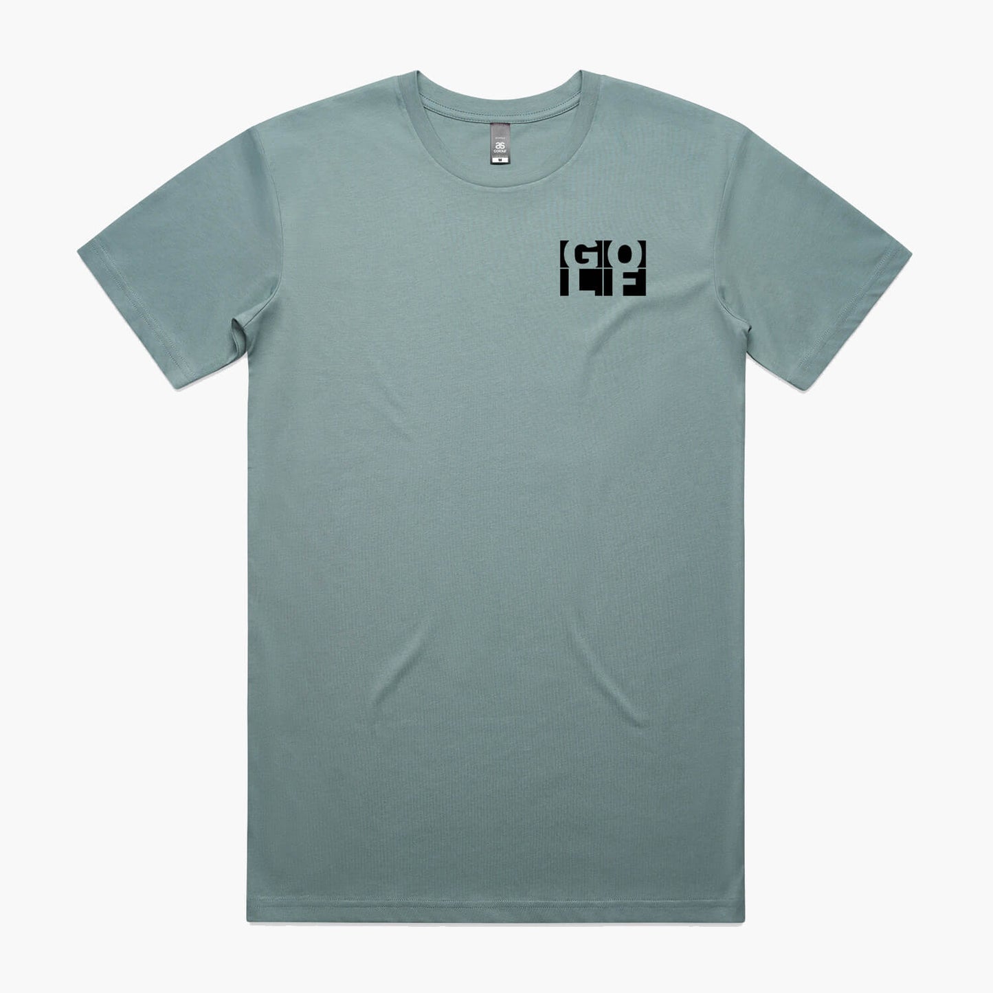 Mineral blue t-shirt with a black GOLF logo print on the chest in block letters