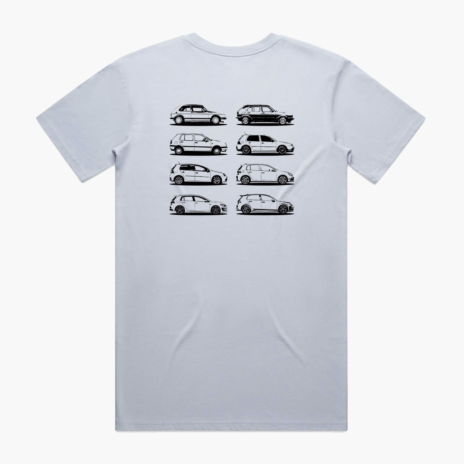 Back view of a pale blue t-shirt featuring black side-view silhouette prints of the VW Golf, from the Mk1 to the Mk8