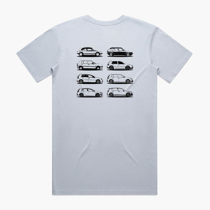 Back view of a pale blue t-shirt featuring black side-view silhouette prints of the VW Golf, from the Mk1 to the Mk8