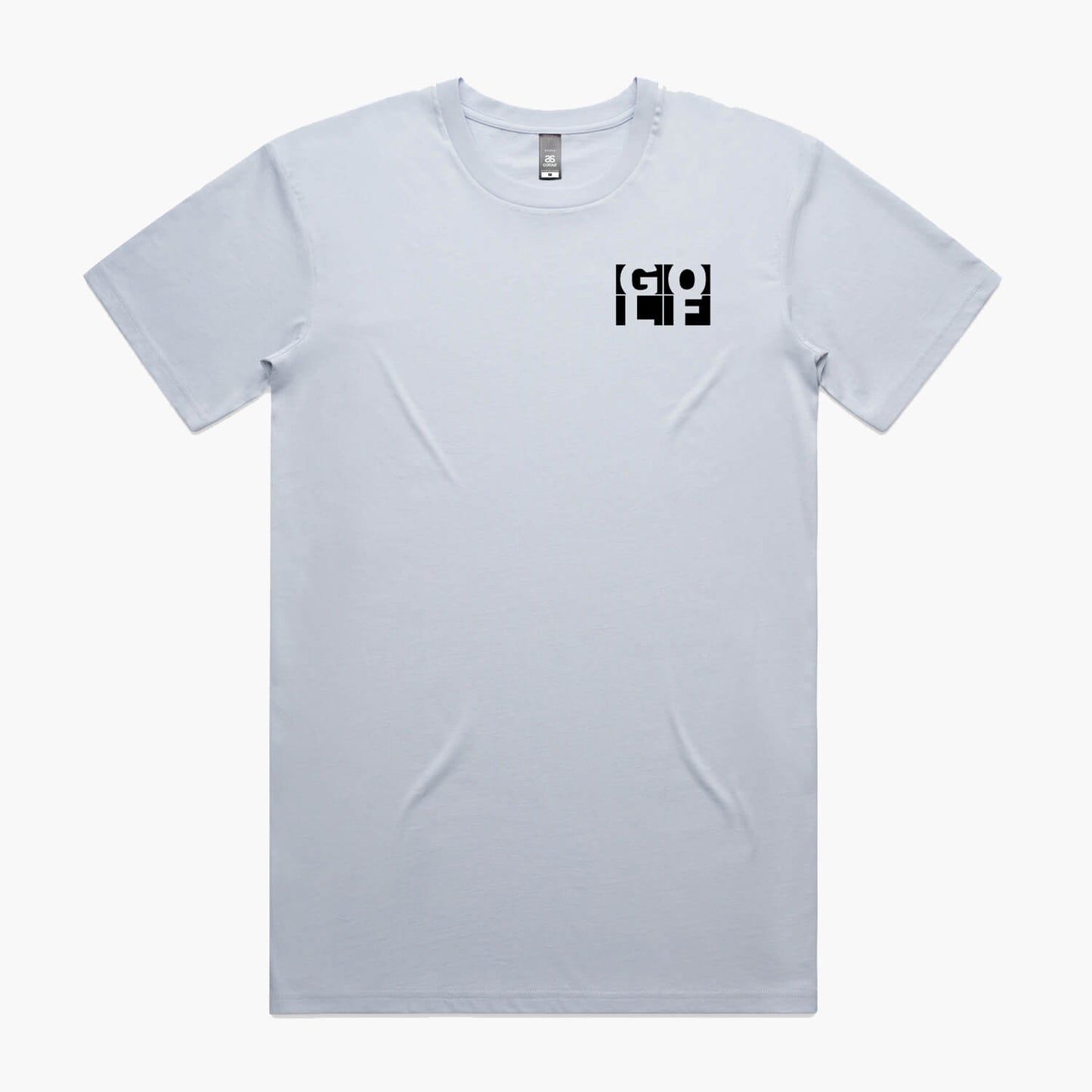 Pale blue t-shirt with a small black pocket logo with GOLF in block letters