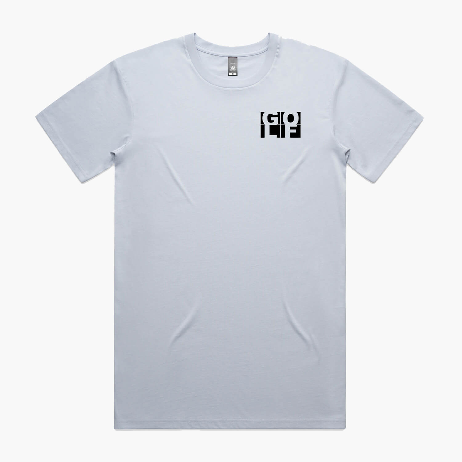 Pale blue t-shirt with a small black pocket logo with GOLF in block letters